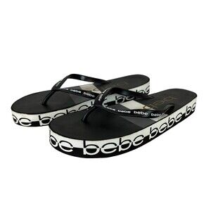 Bebe Logo Flip Flop  Womens Size 10  Flatform Black & White Thong Sandals